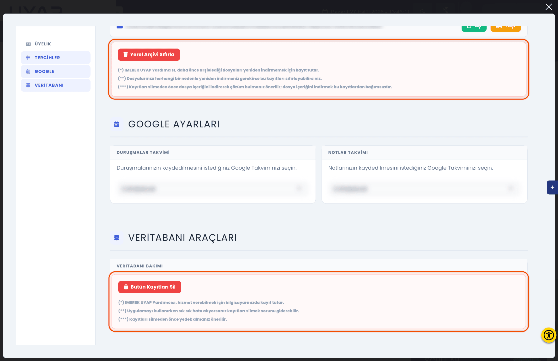 Ayarlar — sıfırlama işlemleri