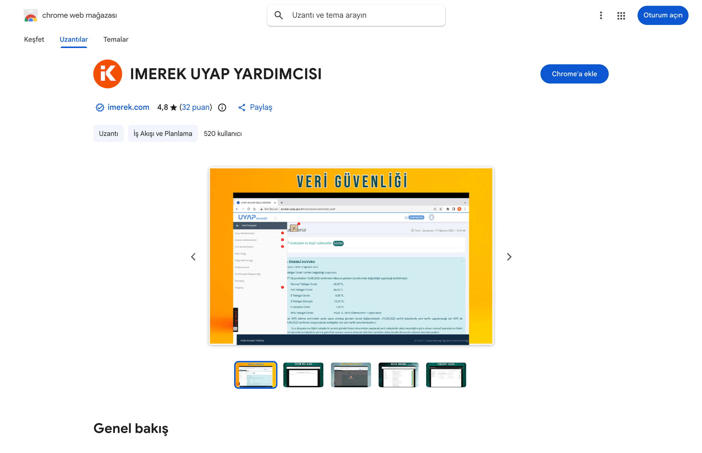 Chrome Web Store'da İMEREK uzantısının kurulum sayfası
