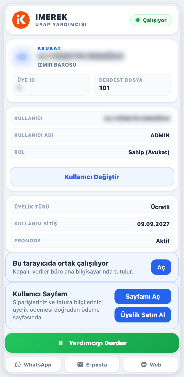 Uzantı penceresinin aktif oturumdaki görünümü