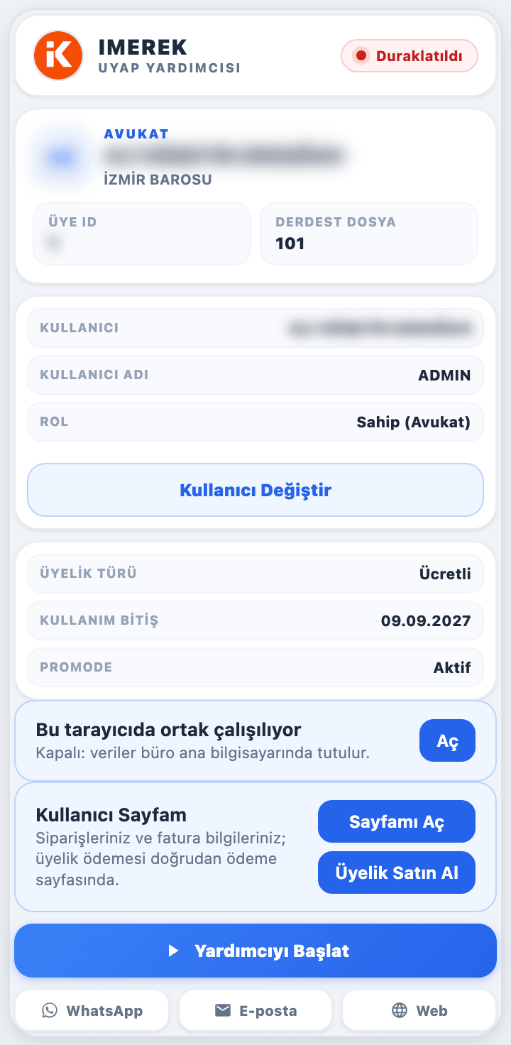 Yardımcı duraklatılmışken pencerenin görünümü