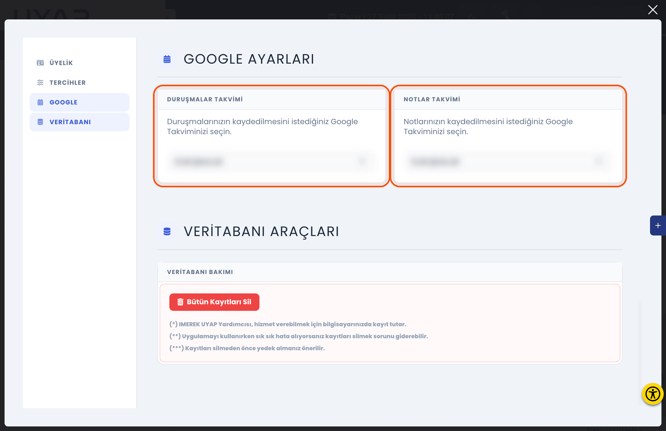 Ayarlar — Google Ayarları: Duruşmalar Takvimi ve Notlar Takvimi