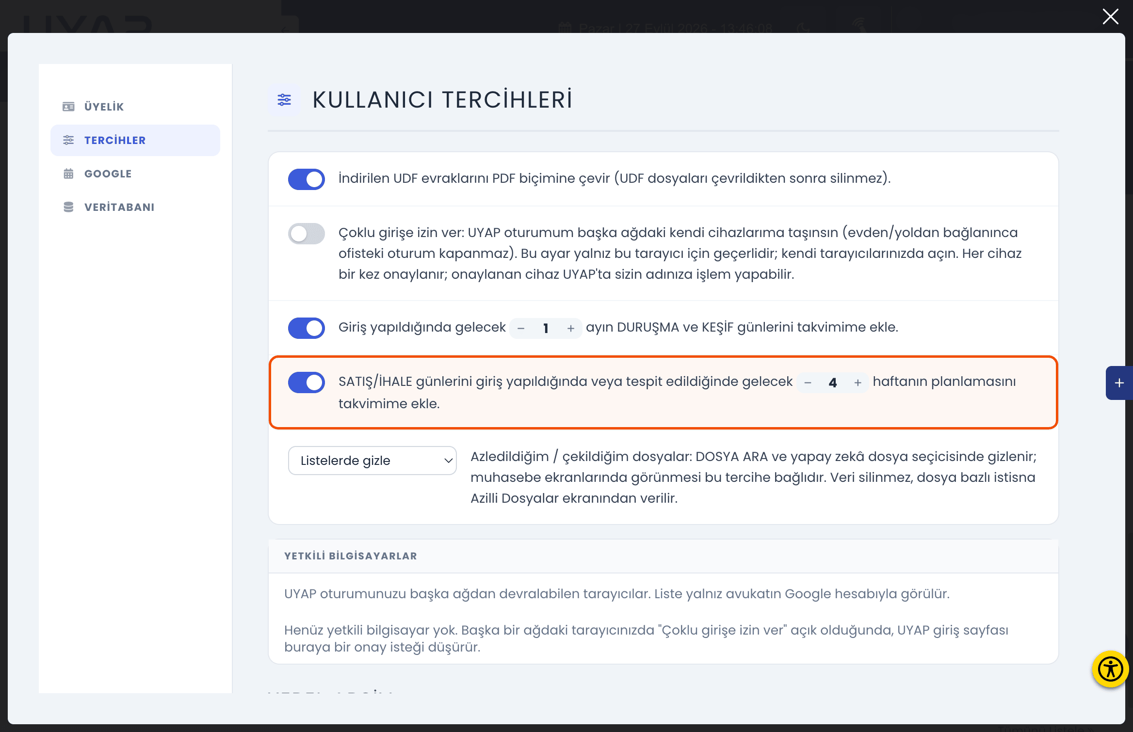 Satış/ihale takvim tercihi ve hafta seçimi