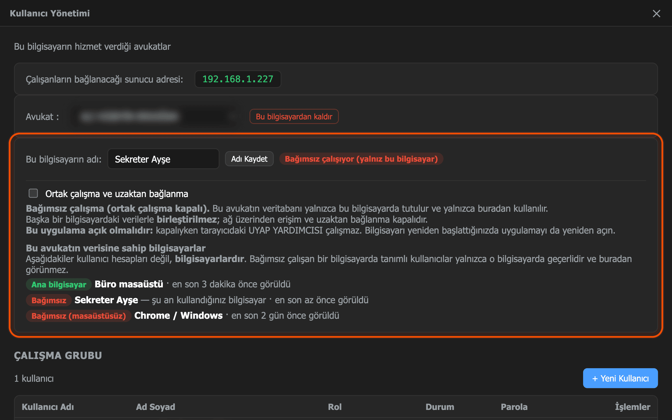 Bağımsız çalışan bilgisayarda makine kartı — anahtar kapalı, altta bilgisayar listesi