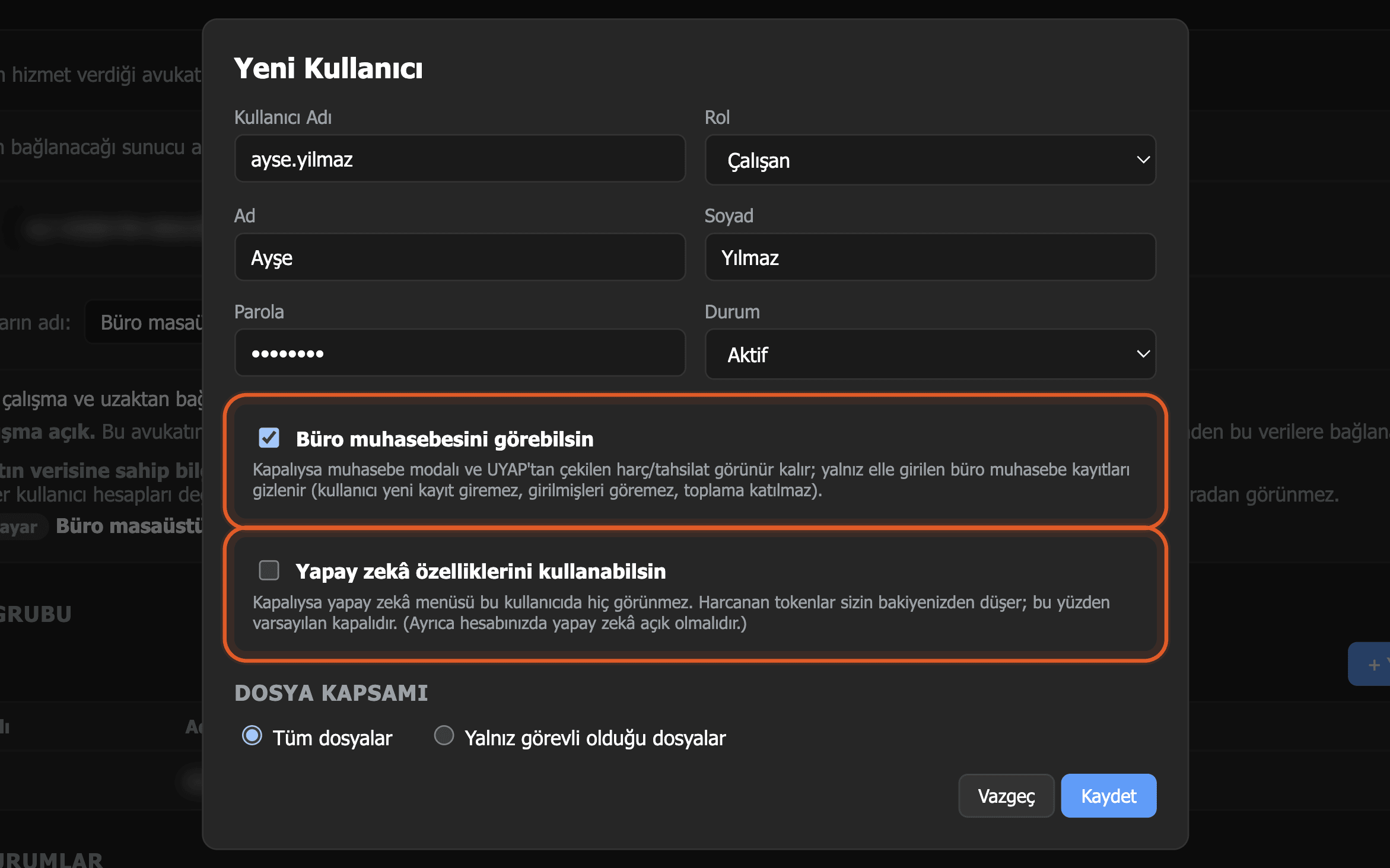 Yönetim panelinde yetki ayarları